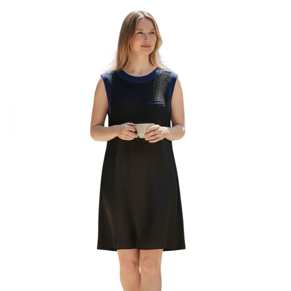 Lacoste Silk Sleeveless Shirt Shift Dress Size 40 /Medium Navy Black Contrast